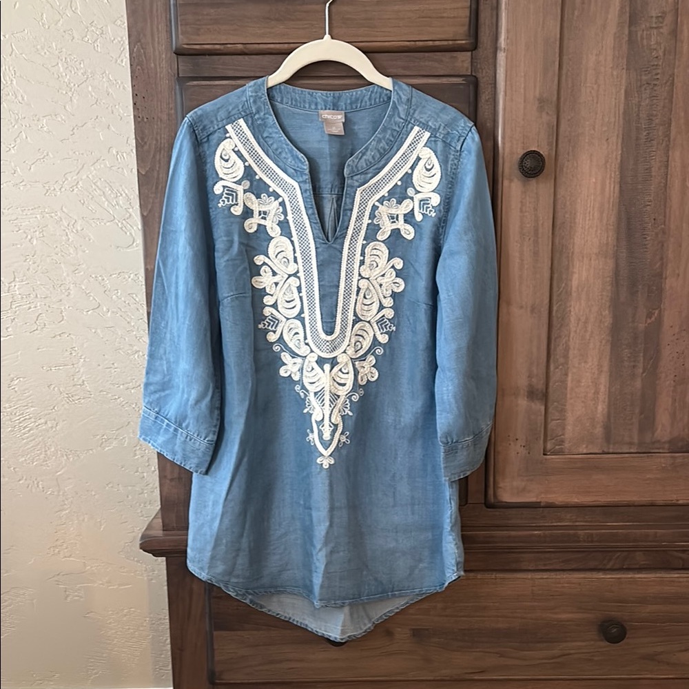 Chico's Blue Blouse with White Embroidery